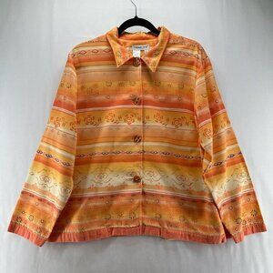 Coldwater Creek Jacket L Southwestern Floral Stripe Button Front Shacket Orange